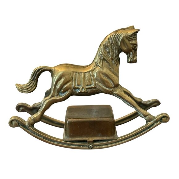 VINTAGE SOLID BRASS ROCKING HORSE W/ MUSIC BOX Plays Jingle Bells Holiday Kids - Picture 2 of 5